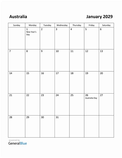 Free Printable January 2029 Calendar For Australia