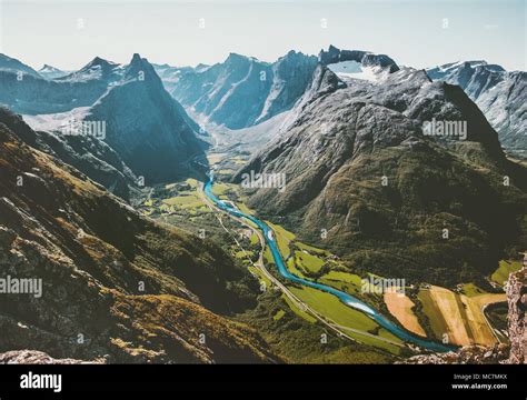 Landscape Mountains Aerial View Valley And River In Norway Travel