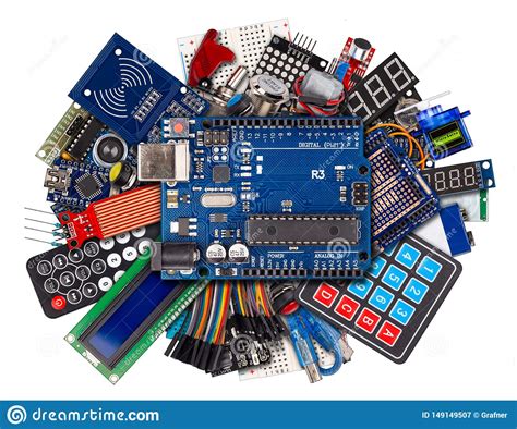 Collage Of Microcontroller Board Display Sensor Button Switches Cable