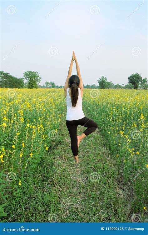 Woman Yoga Meditation Flower Field Stock Image Image Of Health Natural 112000125