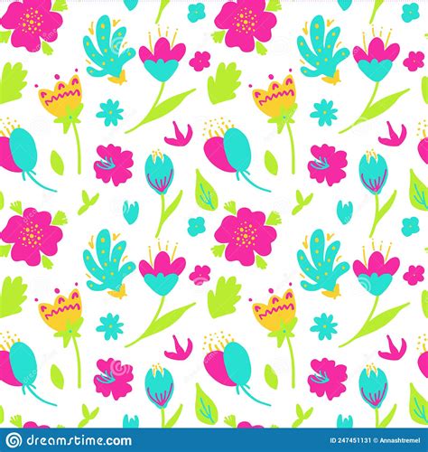Floral Seamless Pattern Background Bright Abstract Flowers And Leaves