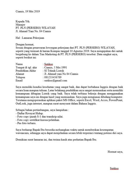 Formal Tulisan Tangan Formal Contoh Surat Lamaran Kerja - Download