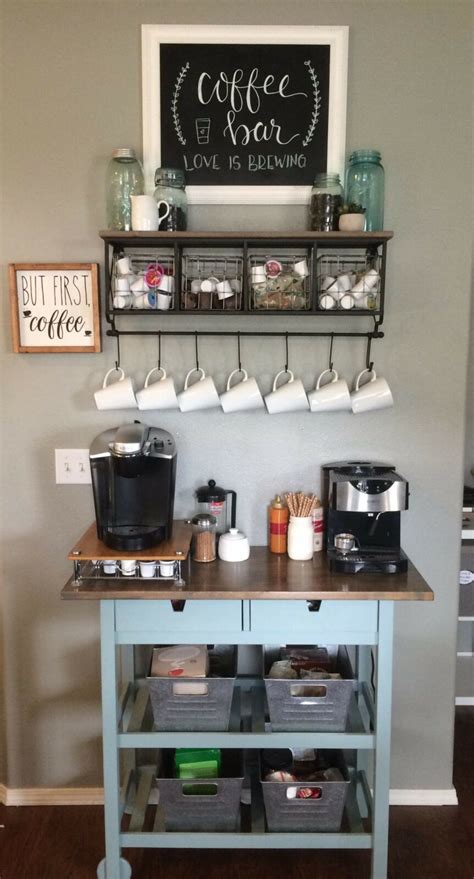 Individual hangers or smaller shelving units can be installed on the wall for your coffee mugs a whimsical cookbook and soft kitchen tea towels are welcoming sights on your coffee bar for guests. 21 Terrific Coffee Bar Ideas to Help You Prepare Your ...