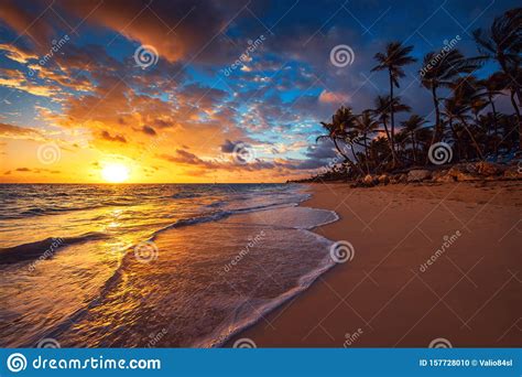 Landscape Of Paradise Tropical Island Beach Sunrise Shot Stock Photo