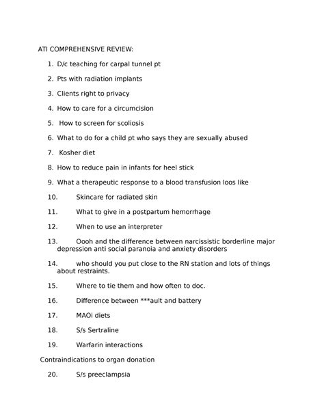 Focus Topics ATI Comprehensive Review - ATI COMPREHENSIVE REVIEW: D/c
