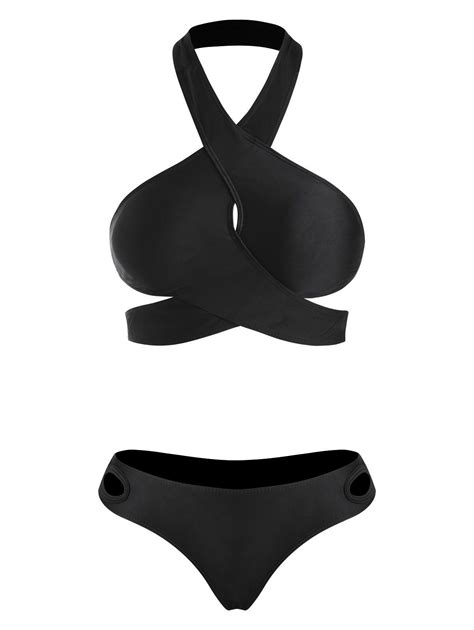 Off Halter Criss Cross Cut Out Bikini Set In Black Dresslily