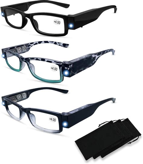 3 pack reading glasses with lights in the frame for men women bright led readers