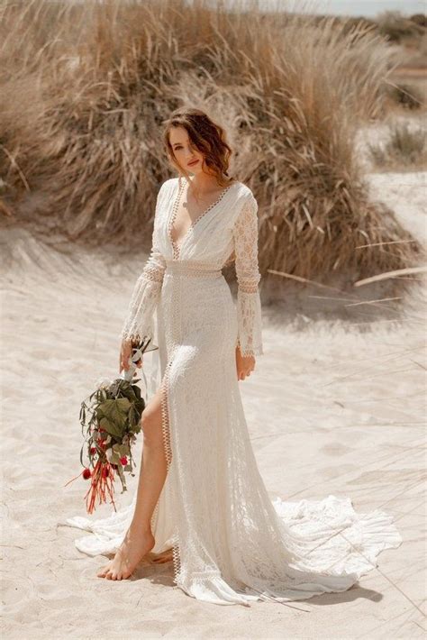 Melania V Open Back Long Sleeve Wedding Dress Bohemian Wedding Deress Beach Boho Wedding