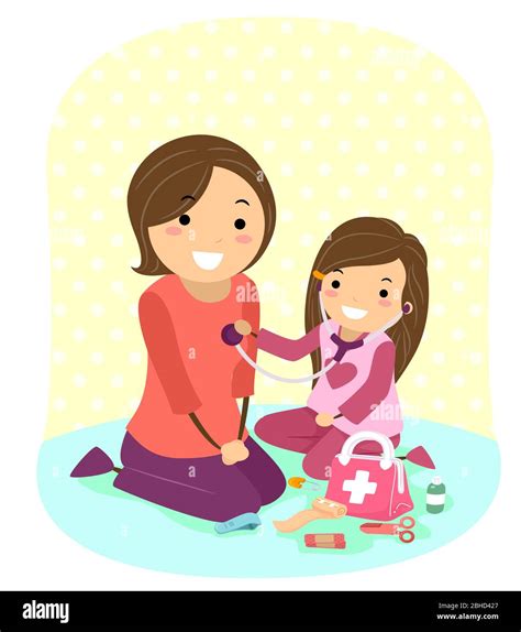 Illustration Of Stickman Kid Girl Playing Doctor With Her Mother And