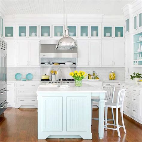 And after falling hard for her book nook, you can now fawn over angela kinsey's coastal blue kitchen cabinets. White and Turquoise Blue Kitchen - Cottage - kitchen - BHG