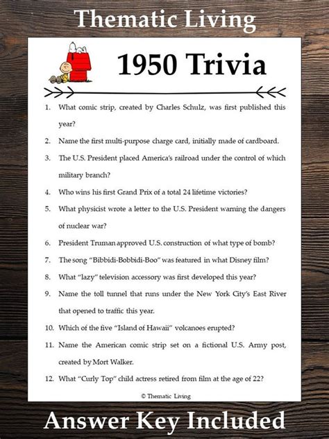 1950 Trivia Birthday Anniversary Back In Born In Printable Answer Key