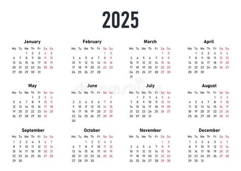 Calendar 2025 Year Design Template Week Starts On Sunday Stock Vector