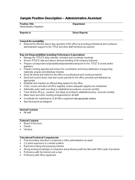 An administrative assistants job description, including their routine daily duties carrying administrative duties such as filing, typing, copying, binding, scanning etc. Sample Job Description Administrative Assistant | Business ...