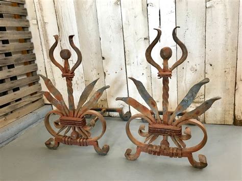 Large Andirons Hand Forged Wrought Iron Andirons Antique Etsy