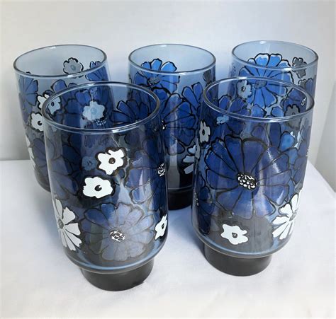 Libbey Mid Century Blue Smokey Stacking Drinking Glasses Blue And White Flowers Colored