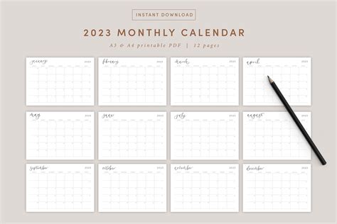 2023 Monthly Calendar Landscape A3 And A4 Printable Calendar Etsy Uk