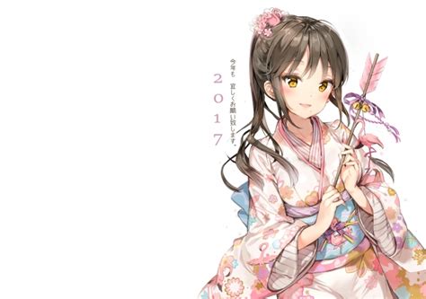 Wallpaper Anime Girl Kimono Smiling Brown Hair Arrow