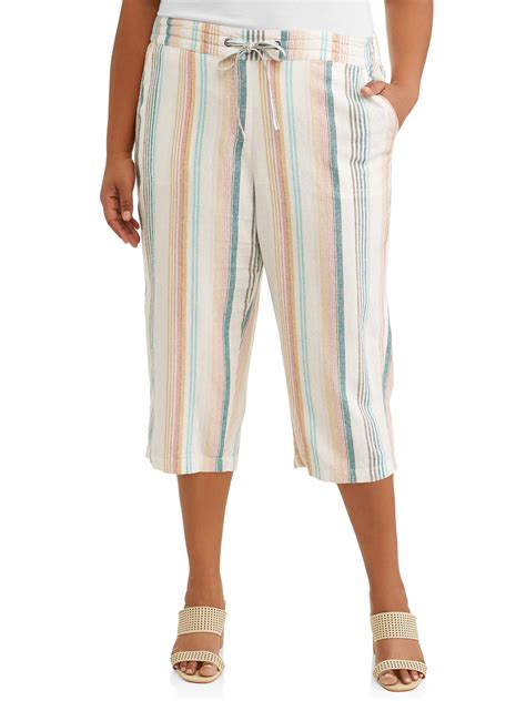 Per Se Women S Plus Size Stripe Linen Drawstring Waist Capri Walmart Com Walmart Com