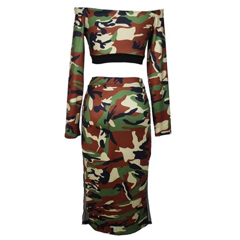 Sexy Off The Shoulder Tea Length Two Piece Women Camo Outfit Suit With