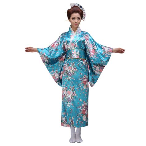 Cod。cheongsam Lake Blue National Trends Women Sexy Kimono Yukata With Obi Novelty Evening Dress