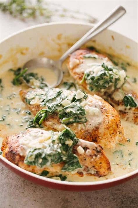 Chicken and potatoes in garlic parmesan spinach cream sauce. Easy Chicken Breasts Recipe with Creamed Spinach Sauce | Dinner Ideas