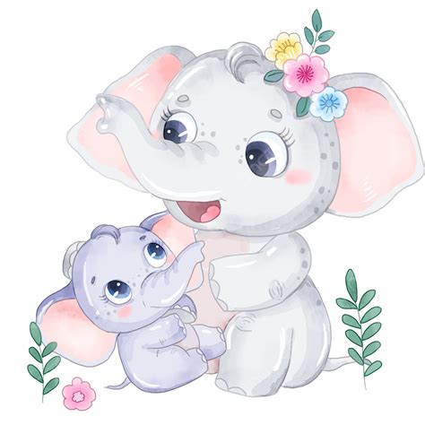 Baby Elephant Watercolor White Transparent Baby Elephant Nestled In