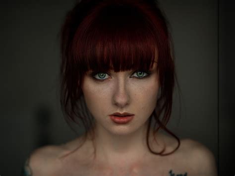 Wallpaper Women Face Portrait Tattoo Bare Shoulders Green Eyes Dyed Hair 2048x1536