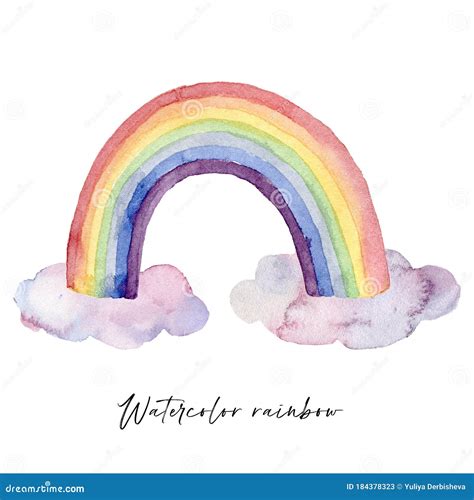 Watercolor Card With Multicolored Rainbow And Clouds Hand Painted