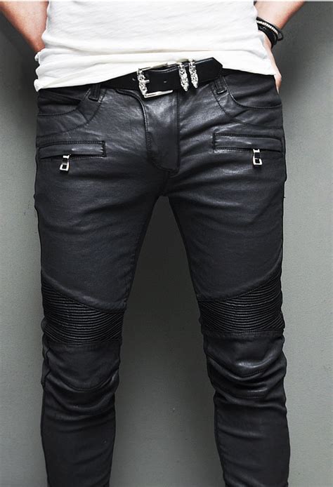 Best Ever Design Mens Wax Coated Faux Leather Seaming Skinny Biker