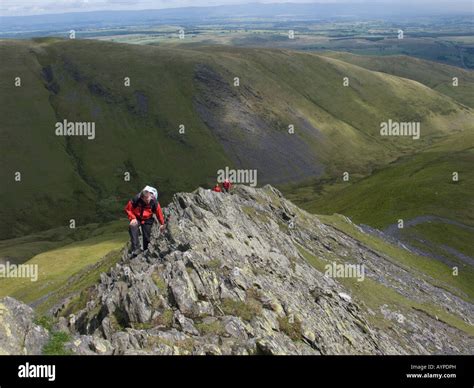Climbing Sharp Edge On Blencathra In The Lake District Cumbria Stock