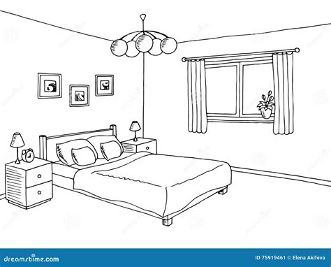 Bedroom Black White Graphic Art Interior Sketch Illustration Stock