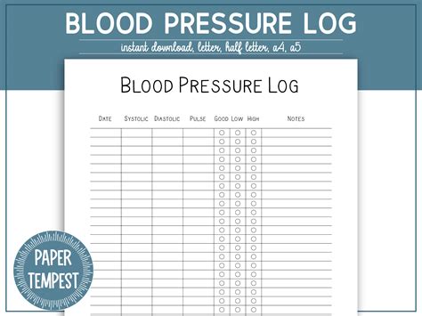 Blood Pressure Chart Printable Instant Download Medical