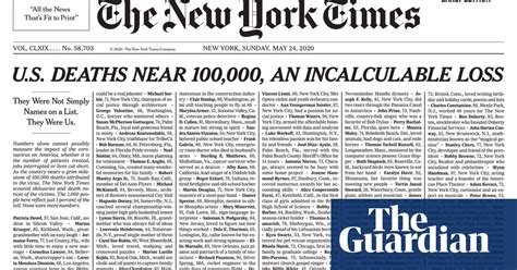 Incalculable Loss New York Times Covers Front Page With 1000 Covid