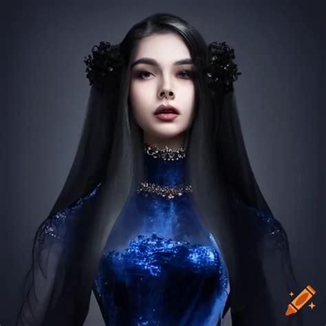 Image Of A Beautiful Princess In A Dark Blue Dress With Silver Sapphire
