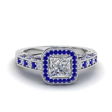 Princess Cut Antique Square Halo Diamond Engagement Ring With Blue