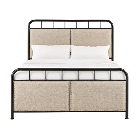 Weston Home Exton Black Metal Queen Bed With Beige Upholstered Headboard And Footboard