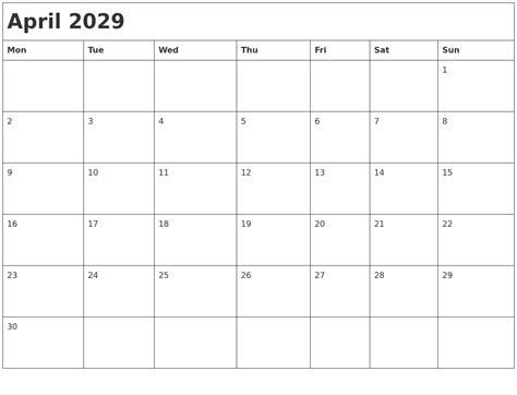 April 2029 Month Calendar