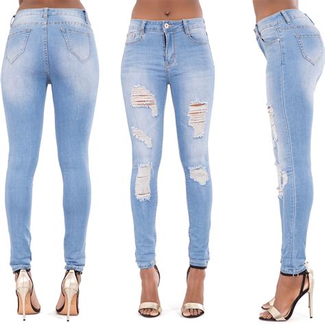 New Ladies Women Blue Black Ripped Skinny Jeans Slim Fit Stretch Denim