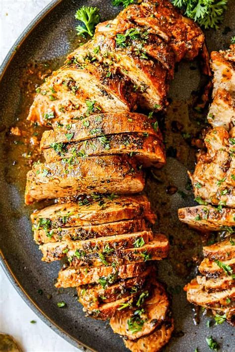 Pork tenderloin is lean, healthy, and so flavorful, especially when marinated in a mustard based, sweet and tangy marinade. BEST Baked Pork Tenderloin with Garlic Herb Butter | Baked ...