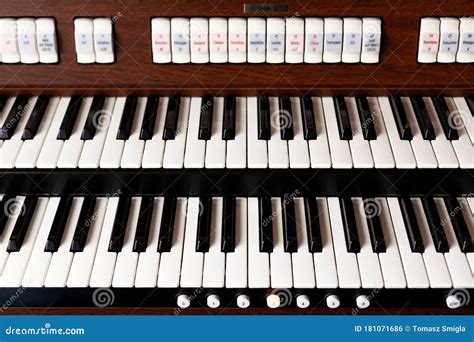 Simple Pipe Organ Instrument Keyboard Closeup Organ Keys Seen From Up