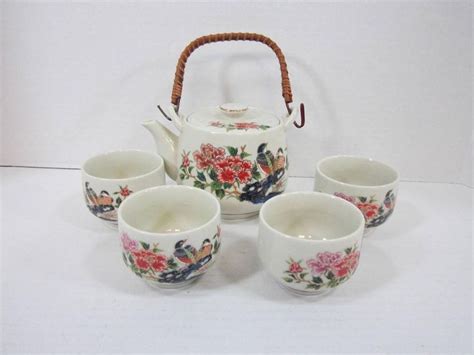 Vtg Mci Japan Tea Set Teapot With Bamboo Handle And 4 Cups Bird And Floral