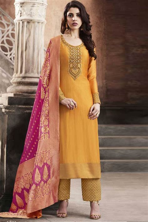 Online Wedding Resham Embroidered Yellow Straight Pant Suit Lstv0160