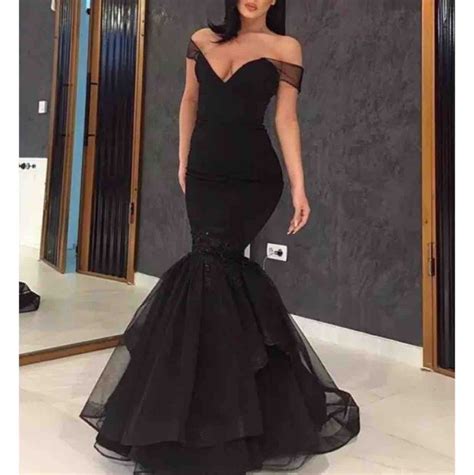 2019 New Sexy Black Mermaid Prom Dresses Off Shoulder Satin Tulle Open