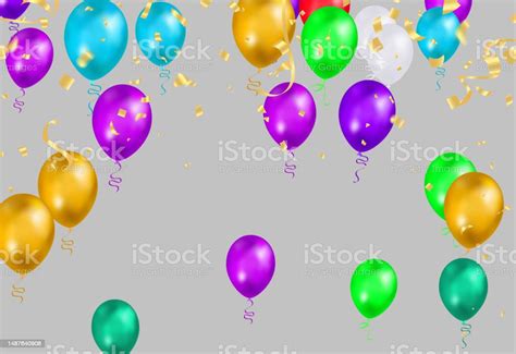Colorful Birthday Balloons Pennants Tinsel And Confetti On Sky