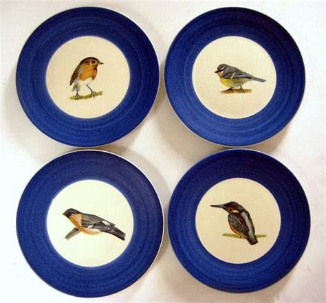 Set Of 4 Marcel Guillot Hand Painted And Signed Blue Rimmed