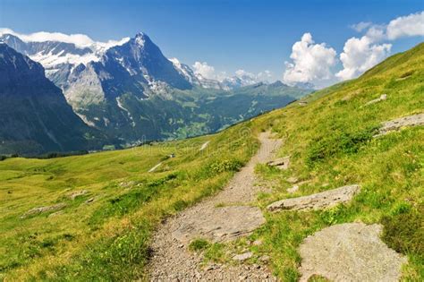 Beautiful Idyllic Alps Landscape And Trail In Mountains Switzerland