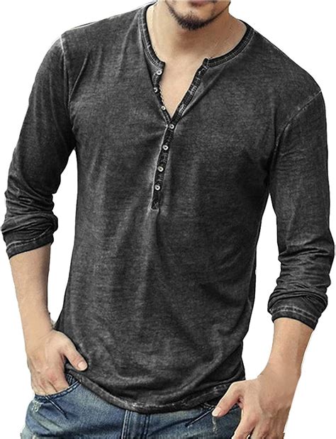 Mens Distressed Henley Shirts Front Placket Retro Long Sleeve Tee