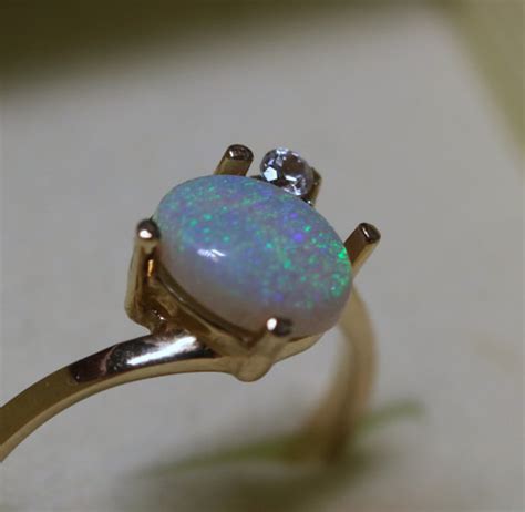 14k Blue Green Solid Australian Opal Ring With Diamond This Genuine