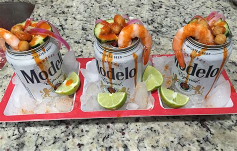 The shrimp is bursting with the flavor of the zesty marinade with lemon, garlic, shallots and herbs punctuating. Preparadas - Modelo beer, marinate shrimp and sliced purple onions, in lots of lime, overnight ...
