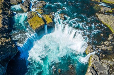 Aerial View Landscape Of The Godafoss Famous Waterfall In Iceland Stock